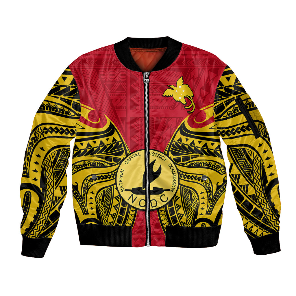 (Custom Personalised) Papua New Guinea Sleeve Zip Bomber Jacket National Capital District Mix Coat Of Arms Polynesian Art - Wonder Print Shop