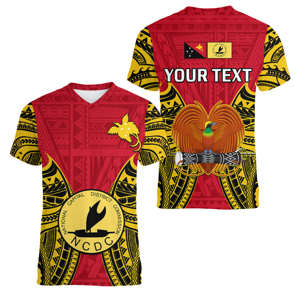 (Custom Personalised) Papua New Guinea Women V Neck T Shirt National Capital District Mix Coat Of Arms Polynesian Art - Wonder Print Shop