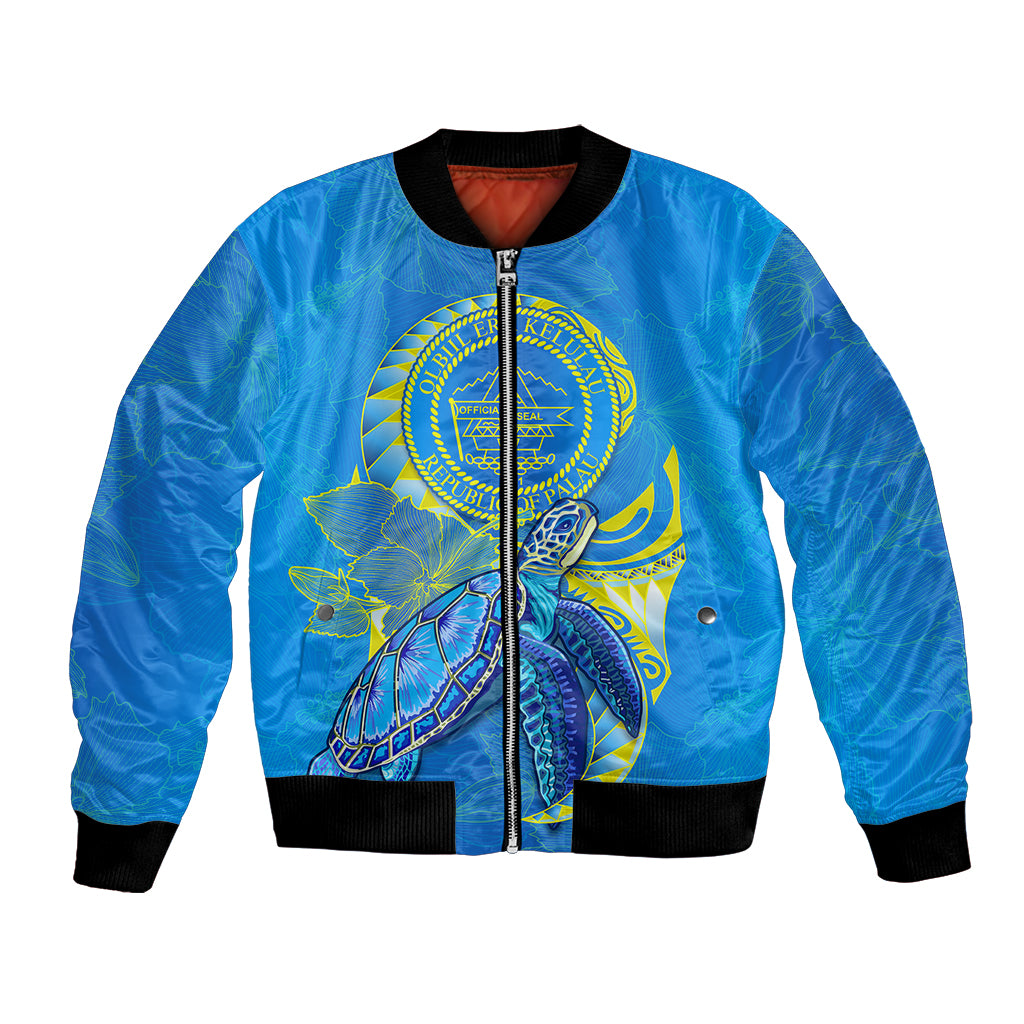 custom-personalised-palau-bomber-jacket-hibiscus-turtle-mix-coat-of-arms-blue-version