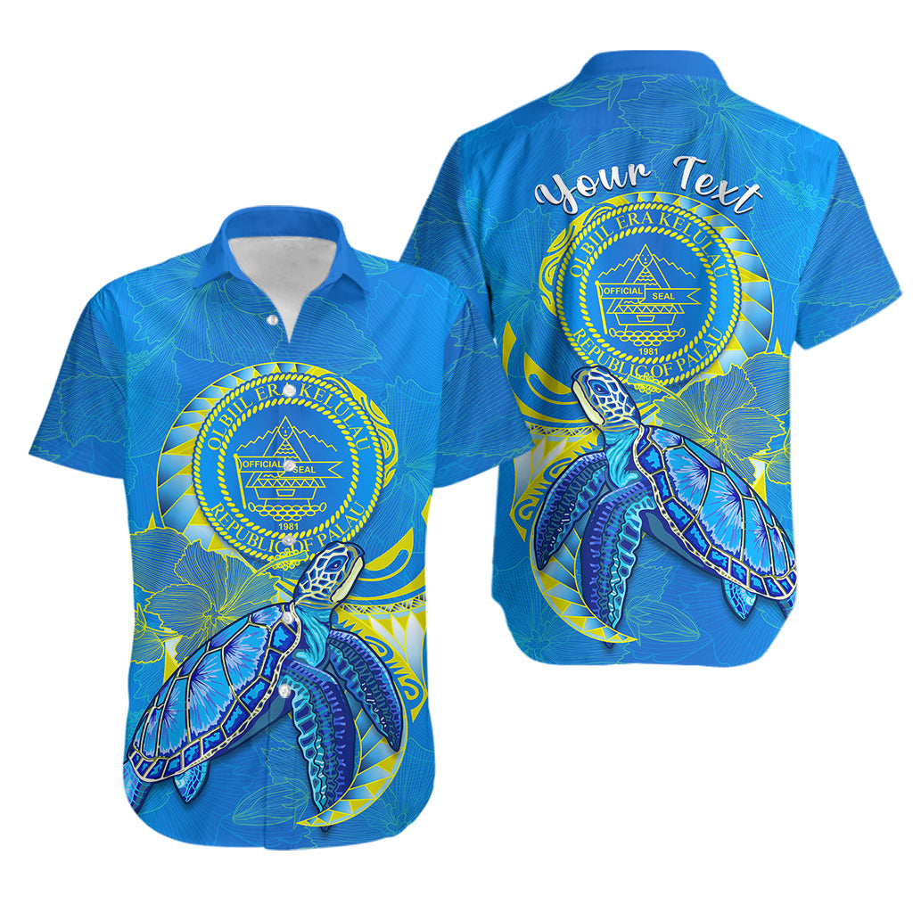 custom-personalised-palau-hawaiian-shirt-hibiscus-turtle-mix-coat-of-arms-blue-version