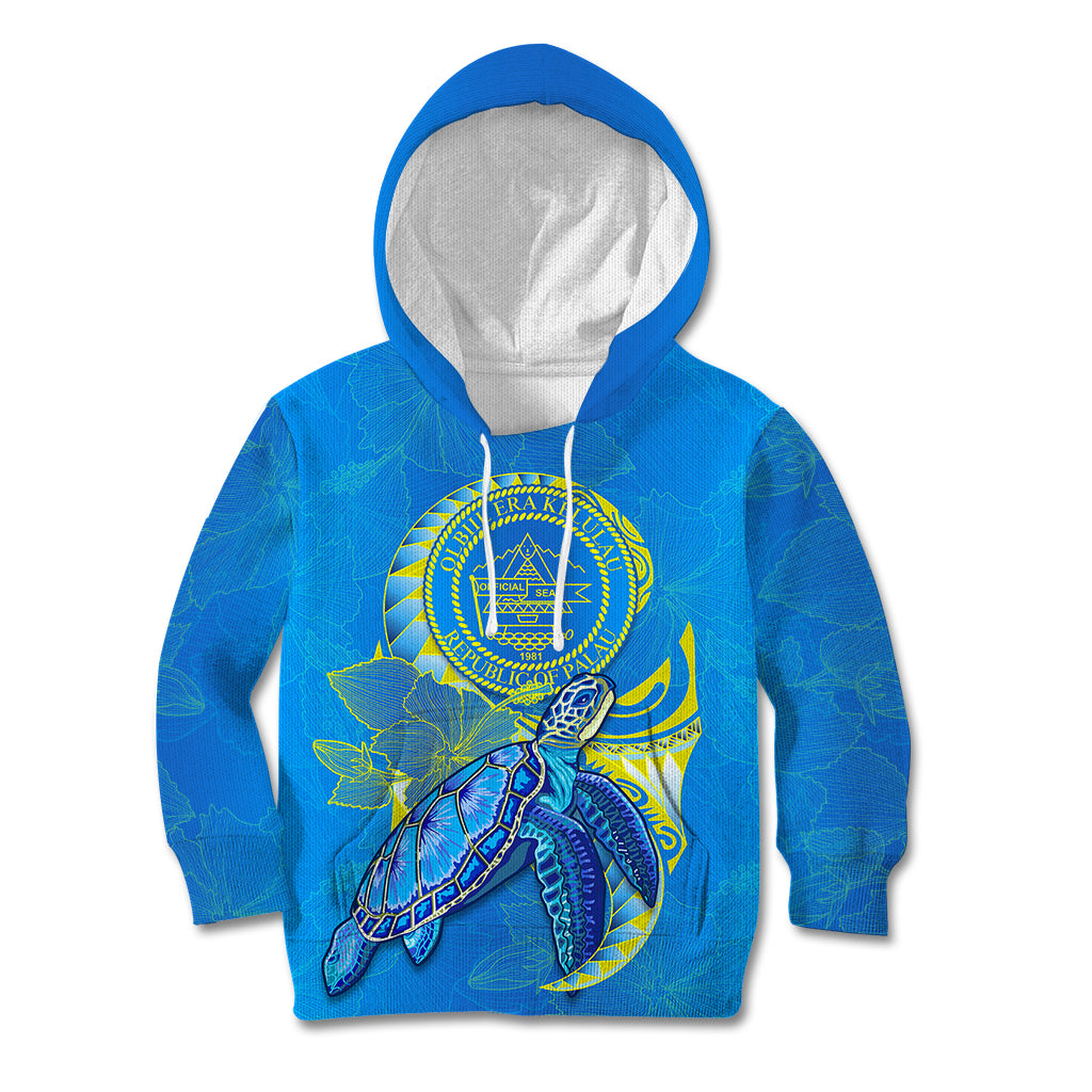 custom-personalised-palau-kid-hoodie-hibiscus-turtle-mix-coat-of-arms-blue-version