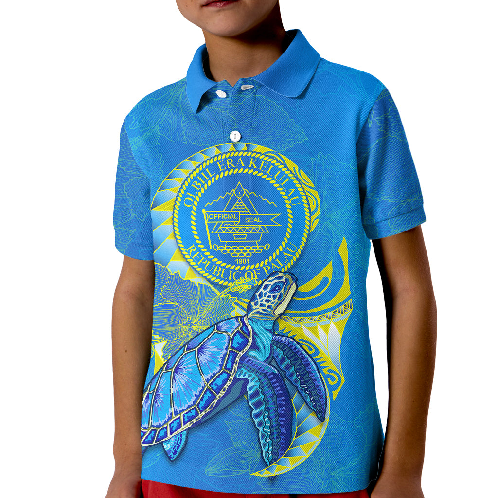 custom-personalised-palau-kid-polo-shirt-hibiscus-turtle-mix-coat-of-arms-blue-version