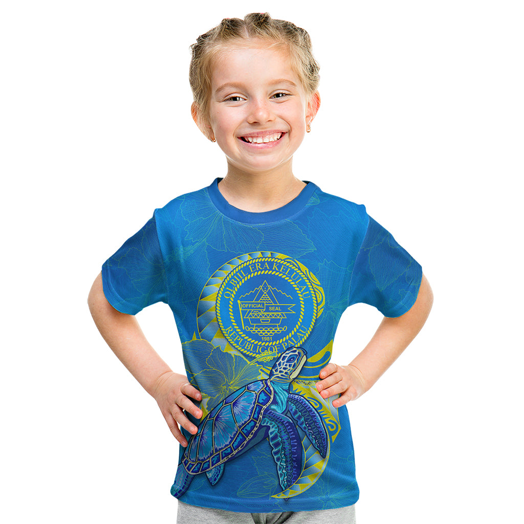 custom-personalised-palau-kid-t-shirt-hibiscus-turtle-mix-coat-of-arms-blue-version