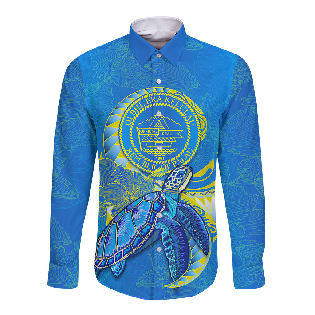 custom-personalised-palau-long-sleeve-button-shirt-hibiscus-turtle-mix-coat-of-arms-blue-version