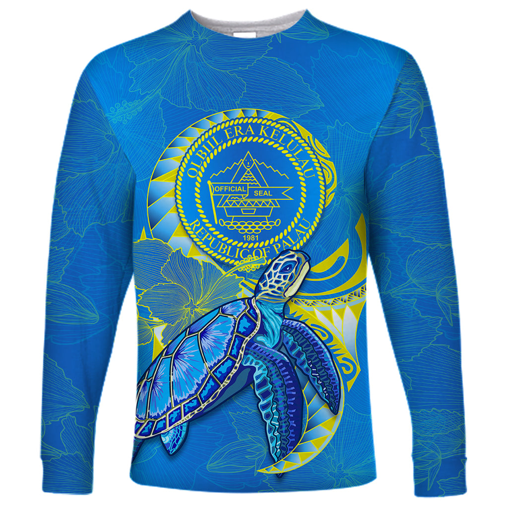 custom-personalised-palau-long-sleeve-shirt-hibiscus-turtle-mix-coat-of-arms-blue-version