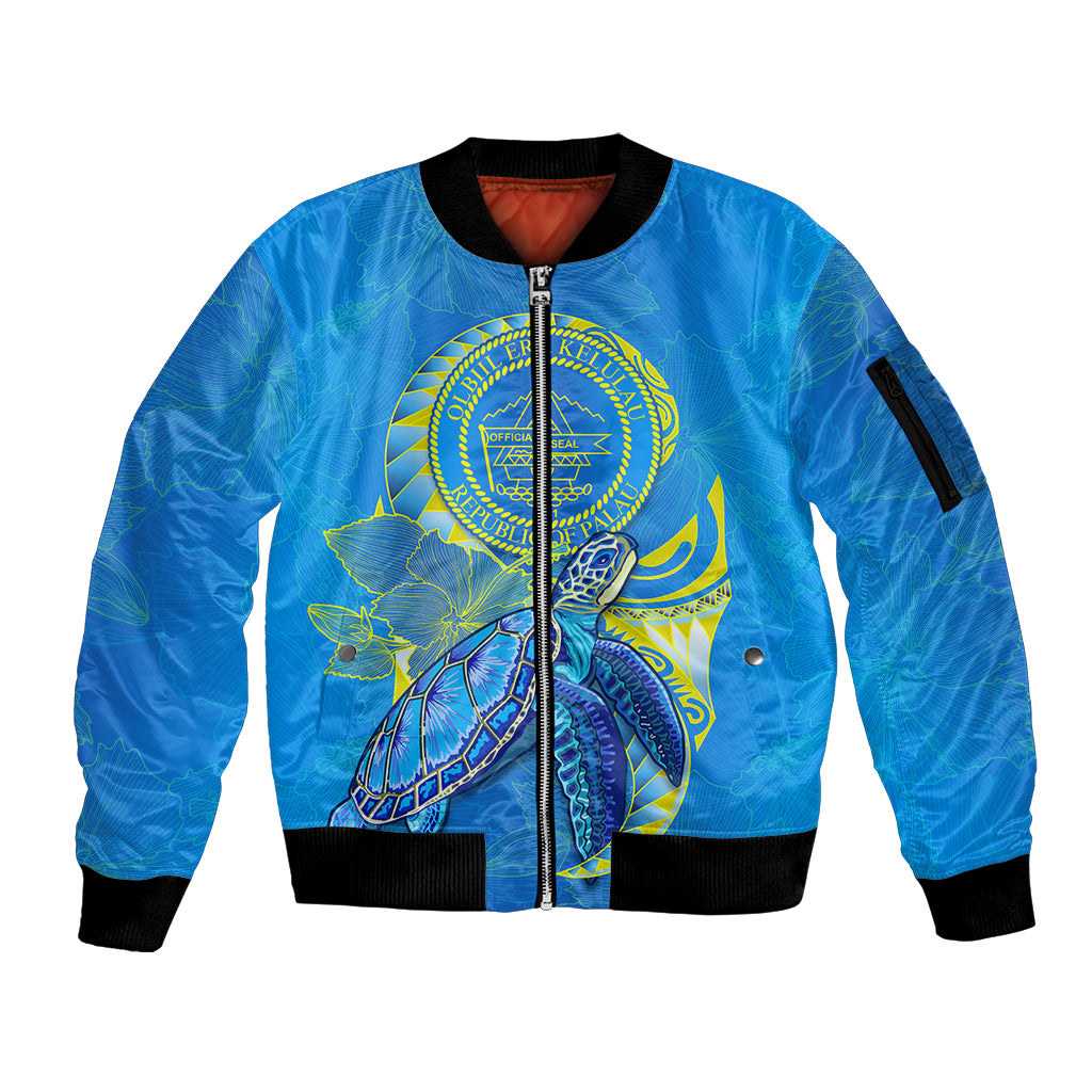 custom-personalised-palau-sleeve-zip-bomber-jacket-hibiscus-turtle-mix-coat-of-arms-blue-version