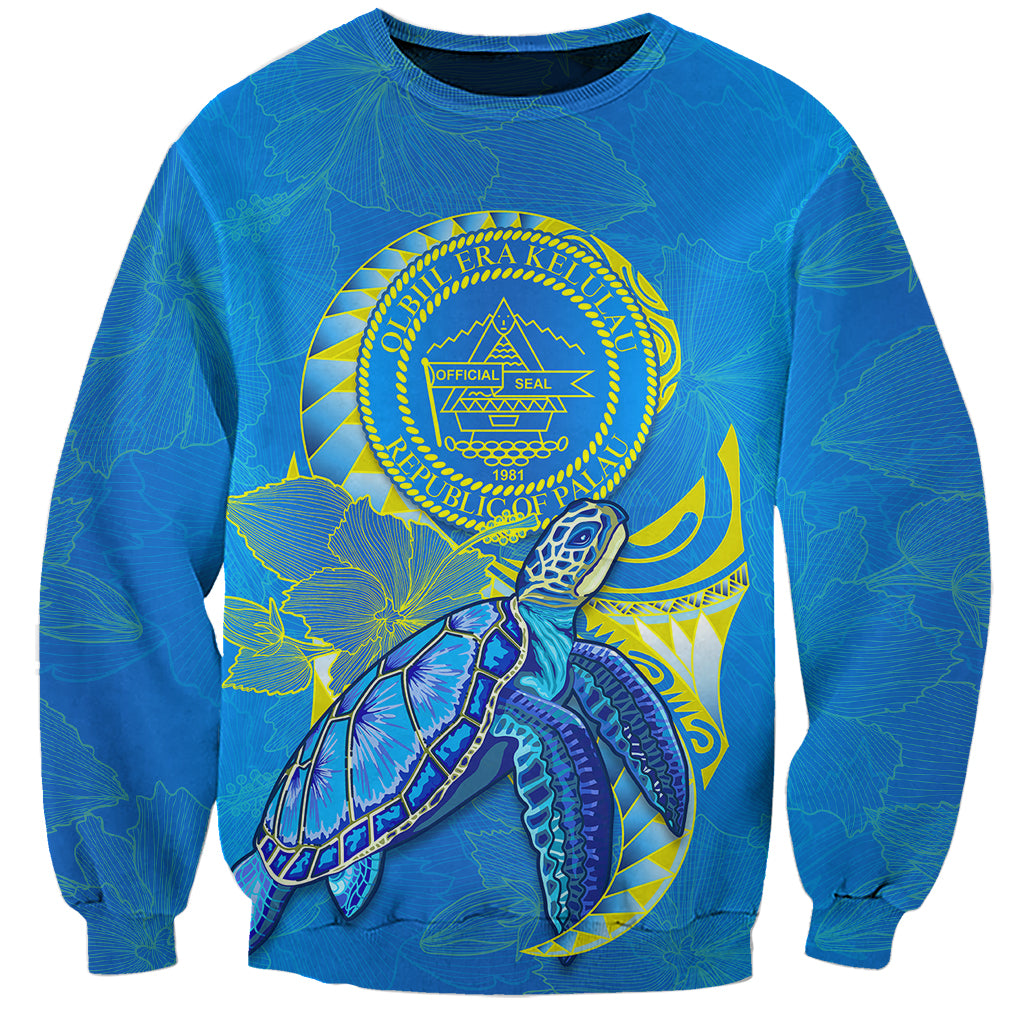 custom-personalised-palau-sweatshirt-hibiscus-turtle-mix-coat-of-arms-blue-version