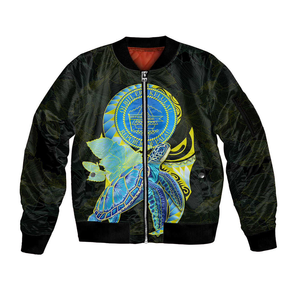 custom-personalised-palau-sleeve-zip-bomber-jacket-hibiscus-turtle-mix-coat-of-arms-black-version