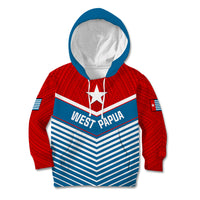 Kids zip hoodie with blue hood, red sleeves, blue center panel, West Papua crest front