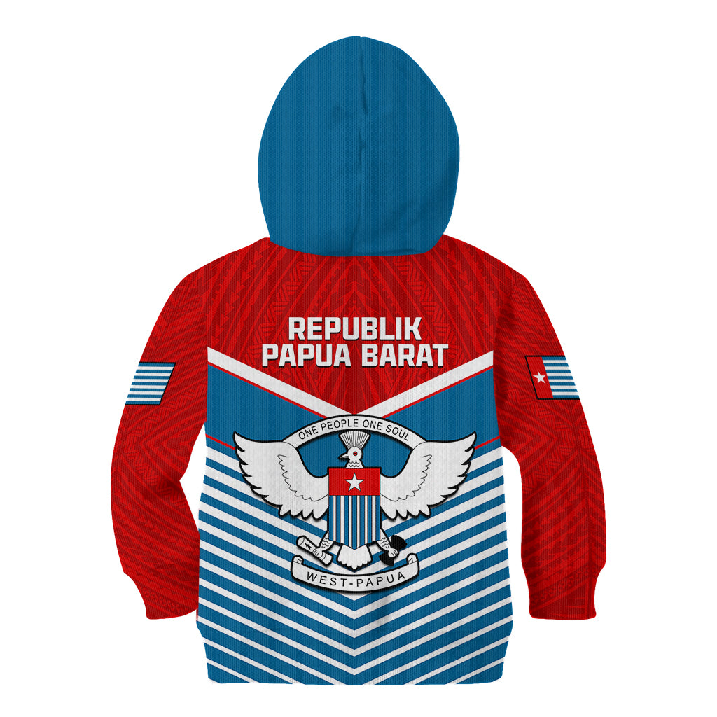 Kids hoodie with blue hood, "REPUBLIK PAPUA BARAT" and eagle emblem on back