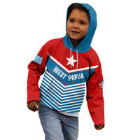 Kids zip hoodie worn by child, red and blue flag graphic with West Papua crest front