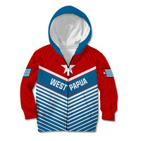 Kids' zip hoodie with blue hood and red sleeves, West Papua crest and star flag design front