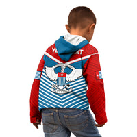 Kids' hoodie back worn by child, blue hood, 'YOUR TEXT' above winged emblem and flag stripes