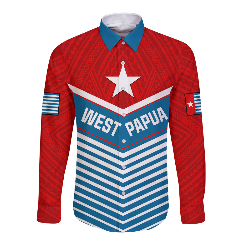 (Custom Personalised) West Papua Long Sleeve Button Shirt Coat Of Arms And Morning Star Flag - Wonder Print Shop