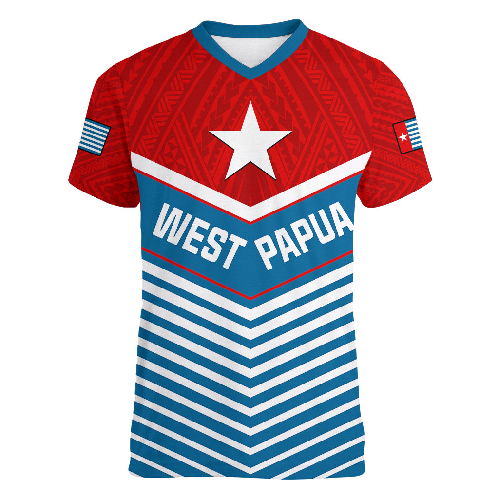 (Custom Personalised) West Papua Women V Neck T Shirt Coat Of Arms And Morning Star Flag - Wonder Print Shop