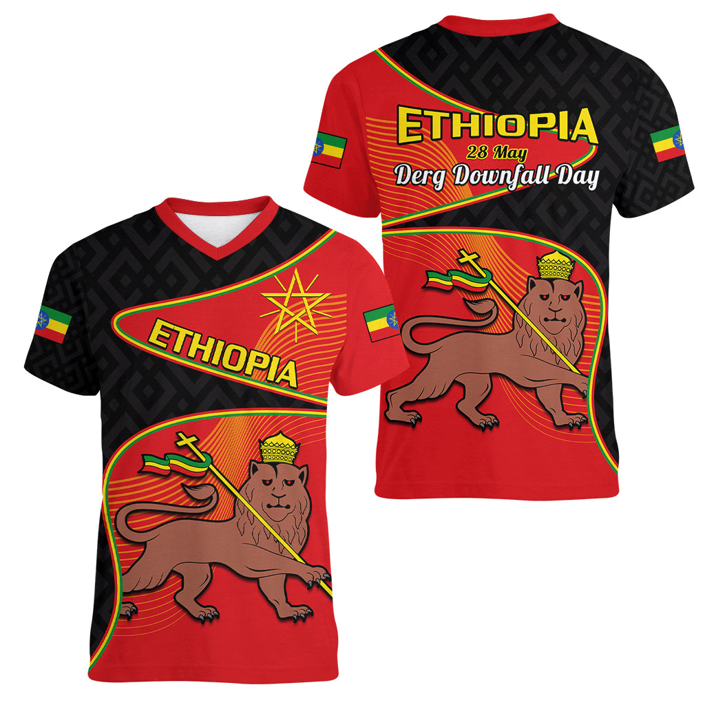 Ethiopia Derg Downfall Day Women V Neck T Shirt Ethiopian Lion of Judah - Wonder Print Shop