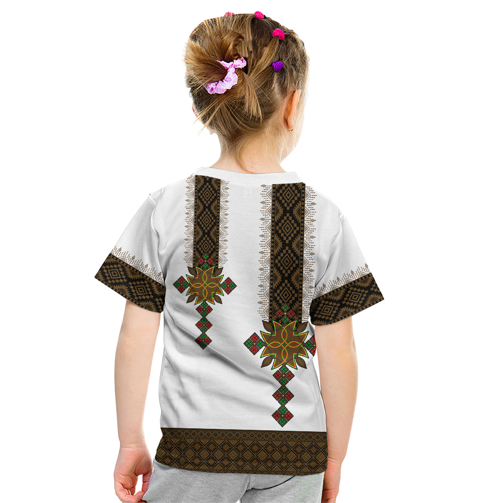 Kids white t-shirt with geometric tile print and colorful sunburst on back