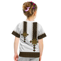 Kids white t-shirt with geometric tile print and colorful sunburst on back