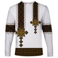 White unisex long sleeve shirt with vertical black-gold trim and green-red star motifs