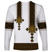 White unisex long sleeve shirt with symmetrical black-gold panels and green-red cross motifs