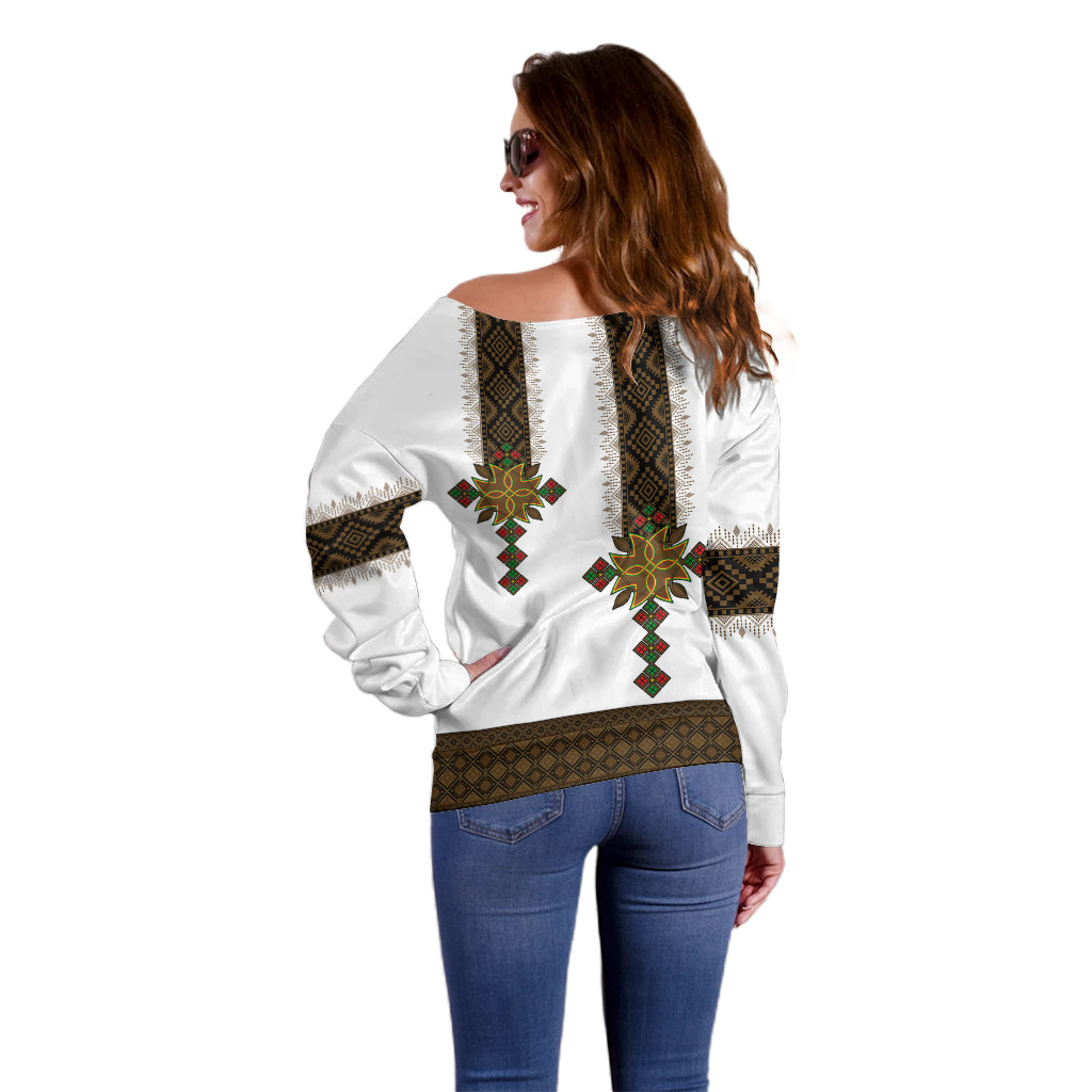 Ethiopia Off Shoulder Sweater Ethiopian Tilet With African Pattern Ver.01 - Wonder Print Shop