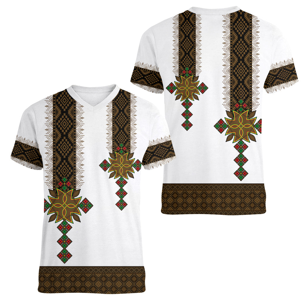 Ethiopia Women V Neck T Shirt Ethiopian Tilet With African Pattern Ver.01 - Wonder Print Shop