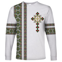 White long sleeve unisex shirt with green-red geometric Ethiopian-style tile print