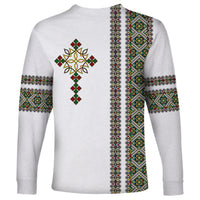 White long sleeve unisex shirt with back geometric tile print and cross motifs