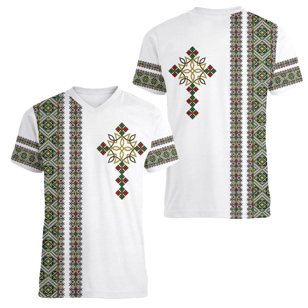 Ethiopia Women V Neck T Shirt Ethiopian Tilet With African Pattern Ver.02 - Wonder Print Shop