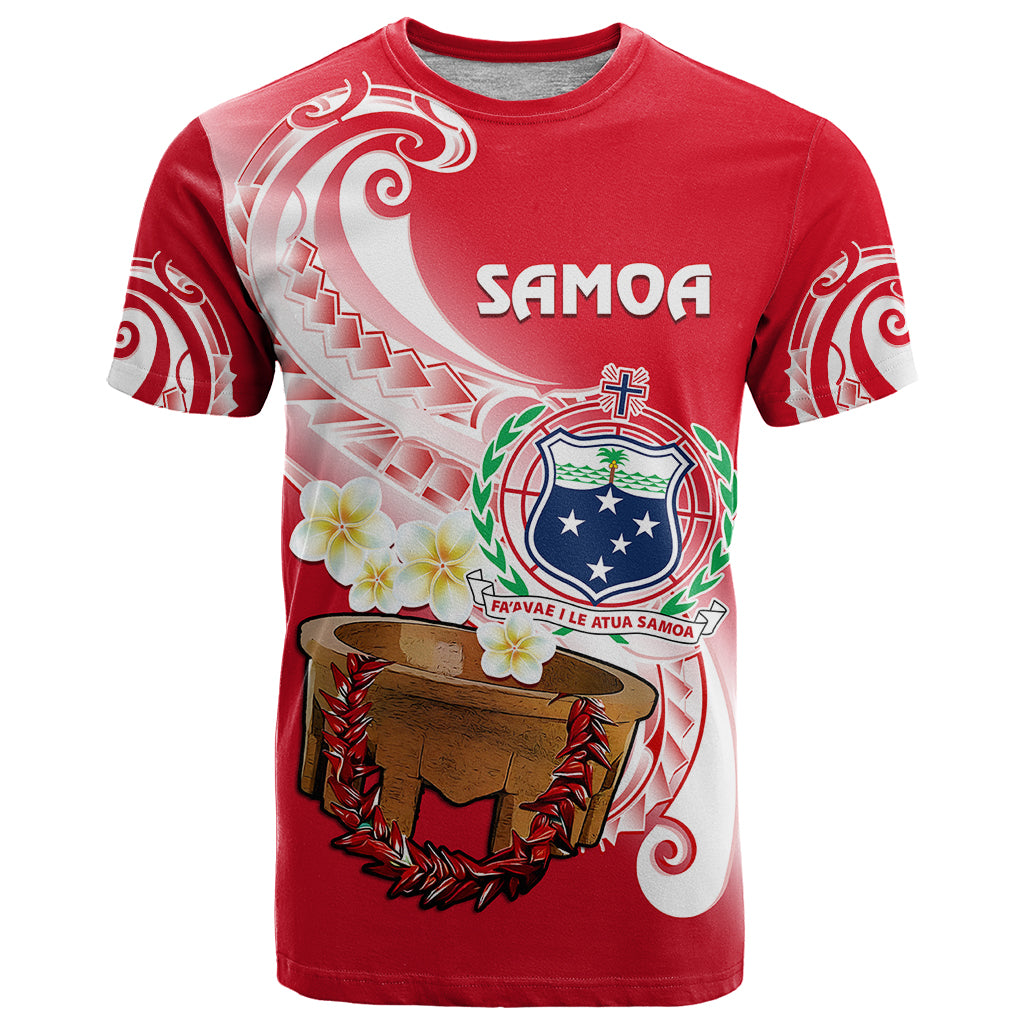 Custom Samoa T Shirt Ula Fala Kava Bowl Plumeria Polynesian Red - Wonder Print Shop