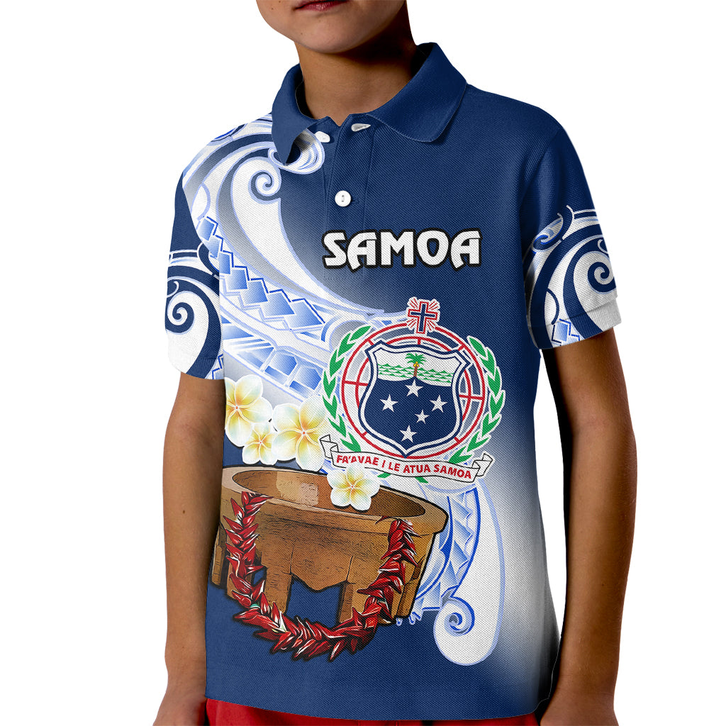 Custom Samoa Polo Shirt for Kid Ula Fala Kava Bowl Plumeria Polynesian Blue - Wonder Print Shop