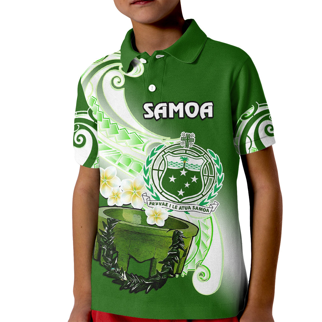 Custom Samoa Polo Shirt for Kid Ula Fala Kava Bowl Plumeria Polynesian Green - Wonder Print Shop