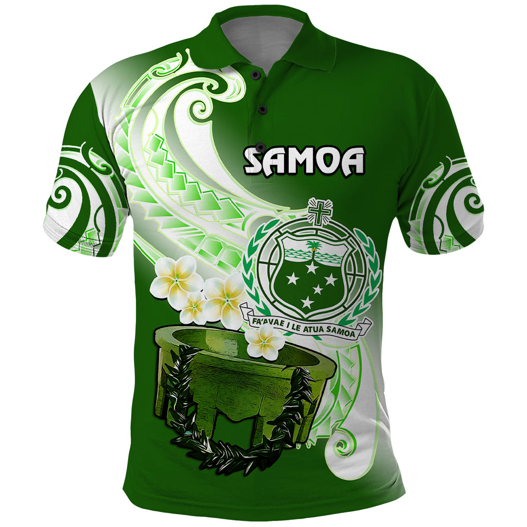 Custom Samoa Polo Shirt Ula Fala Kava Bowl Plumeria Polynesian Green - Wonder Print Shop