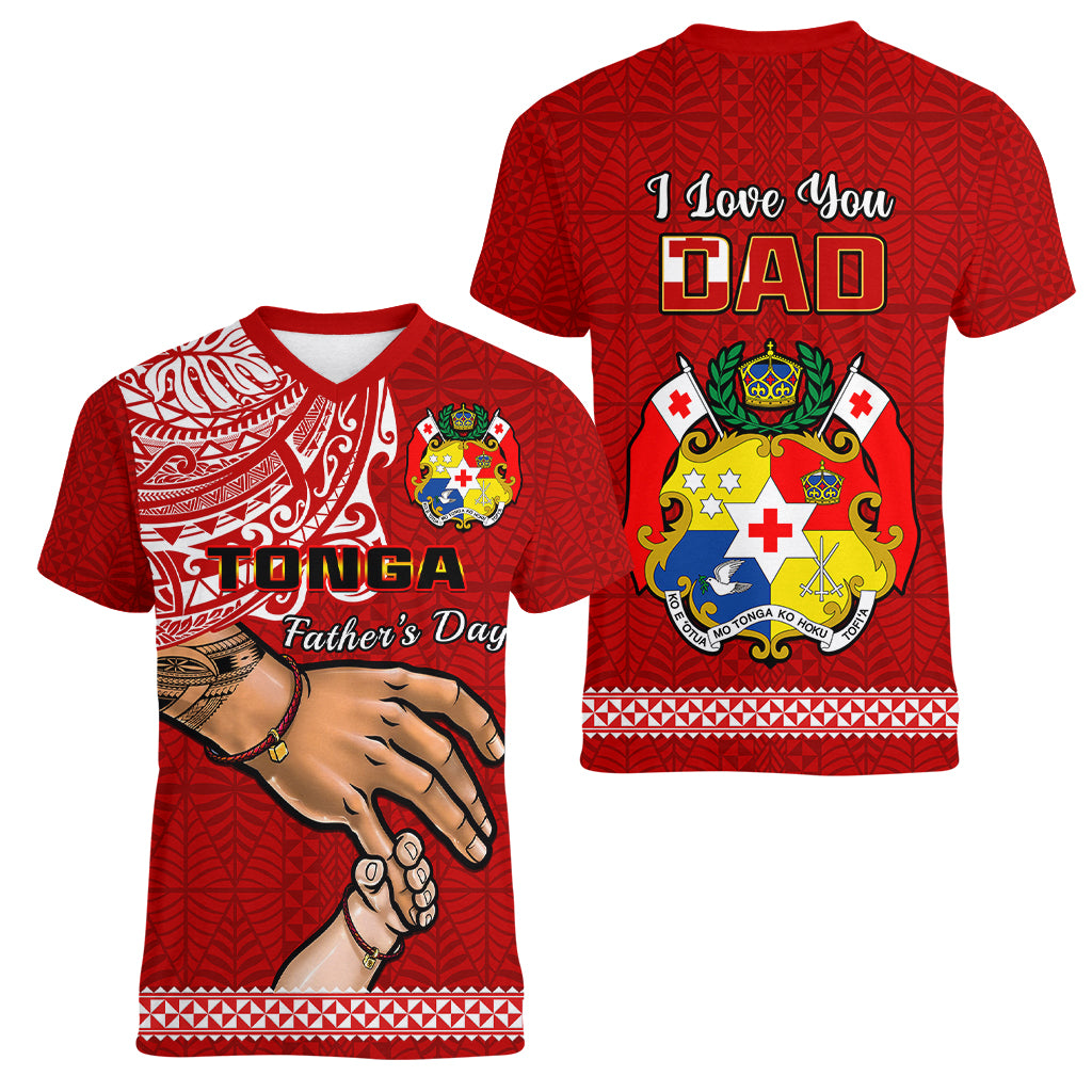 Tonga Fathers Day Women V Neck T Shirt Red Tongan Ngatu I Love You Dad - Wonder Print Shop
