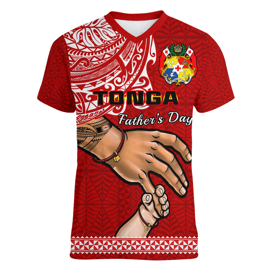 Tonga Fathers Day Women V Neck T Shirt Red Tongan Ngatu I Love You Dad - Wonder Print Shop