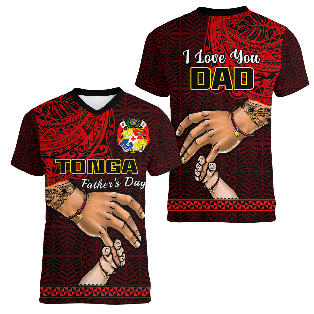 Tonga Fathers Day Women V Neck T Shirt Black Tongan Ngatu I Love You Dad - Wonder Print Shop