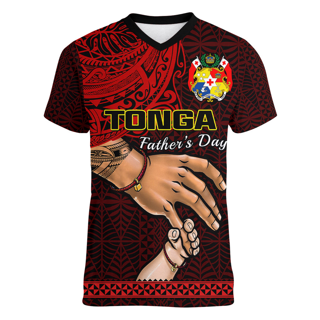 Tonga Fathers Day Women V Neck T Shirt Black Tongan Ngatu I Love You Dad - Wonder Print Shop