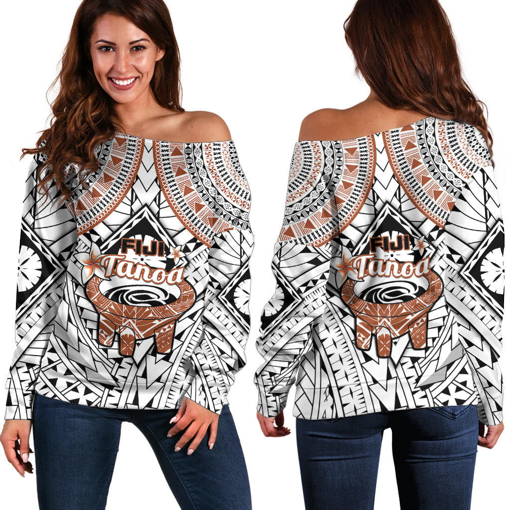 Fiji Tanoa Off Shoulder Sweater Kava Bowl Fijian Tapa Brown Pattern - Wonder Print Shop