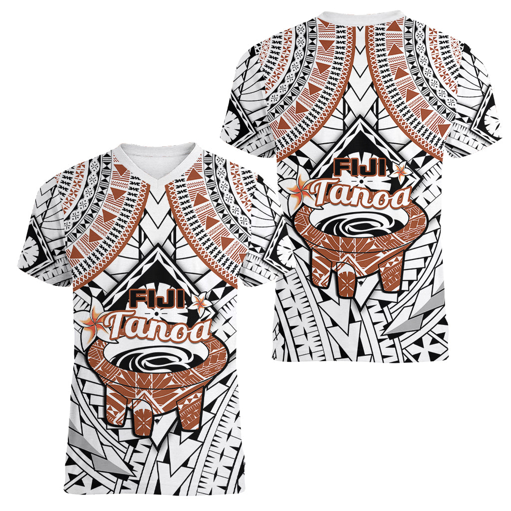 Fiji Tanoa Women V Neck T Shirt Kava Bowl Fijian Tapa Brown Pattern - Wonder Print Shop