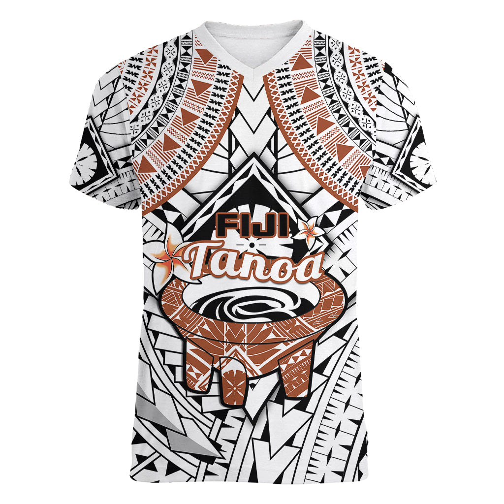 Fiji Tanoa Women V Neck T Shirt Kava Bowl Fijian Tapa Brown Pattern - Wonder Print Shop
