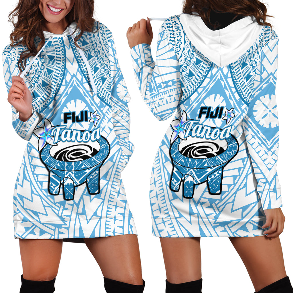 Fiji Tanoa Hoodie Dress Kava Bowl Fijian Tapa Blue Pattern - Wonder Print Shop