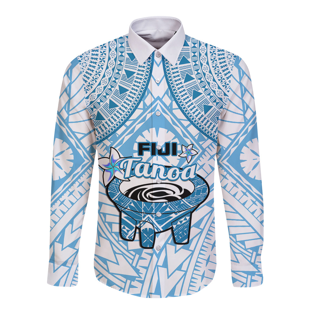 Fiji Tanoa Long Sleeve Button Shirt Kava Bowl Fijian Tapa Blue Pattern - Wonder Print Shop