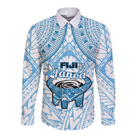 Fiji Tanoa Long Sleeve Button Shirt Kava Bowl Fijian Tapa Blue Pattern - Wonder Print Shop