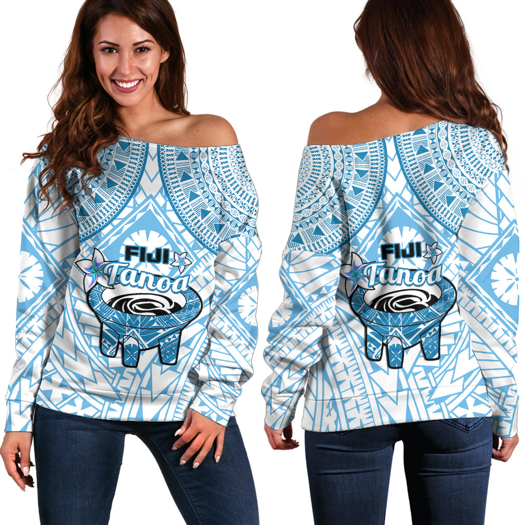 Fiji Tanoa Off Shoulder Sweater Kava Bowl Fijian Tapa Blue Pattern - Wonder Print Shop