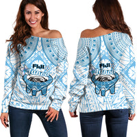 Fiji Tanoa Off Shoulder Sweater Kava Bowl Fijian Tapa Blue Pattern - Wonder Print Shop