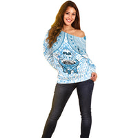 Fiji Tanoa Off Shoulder Sweater Kava Bowl Fijian Tapa Blue Pattern - Wonder Print Shop