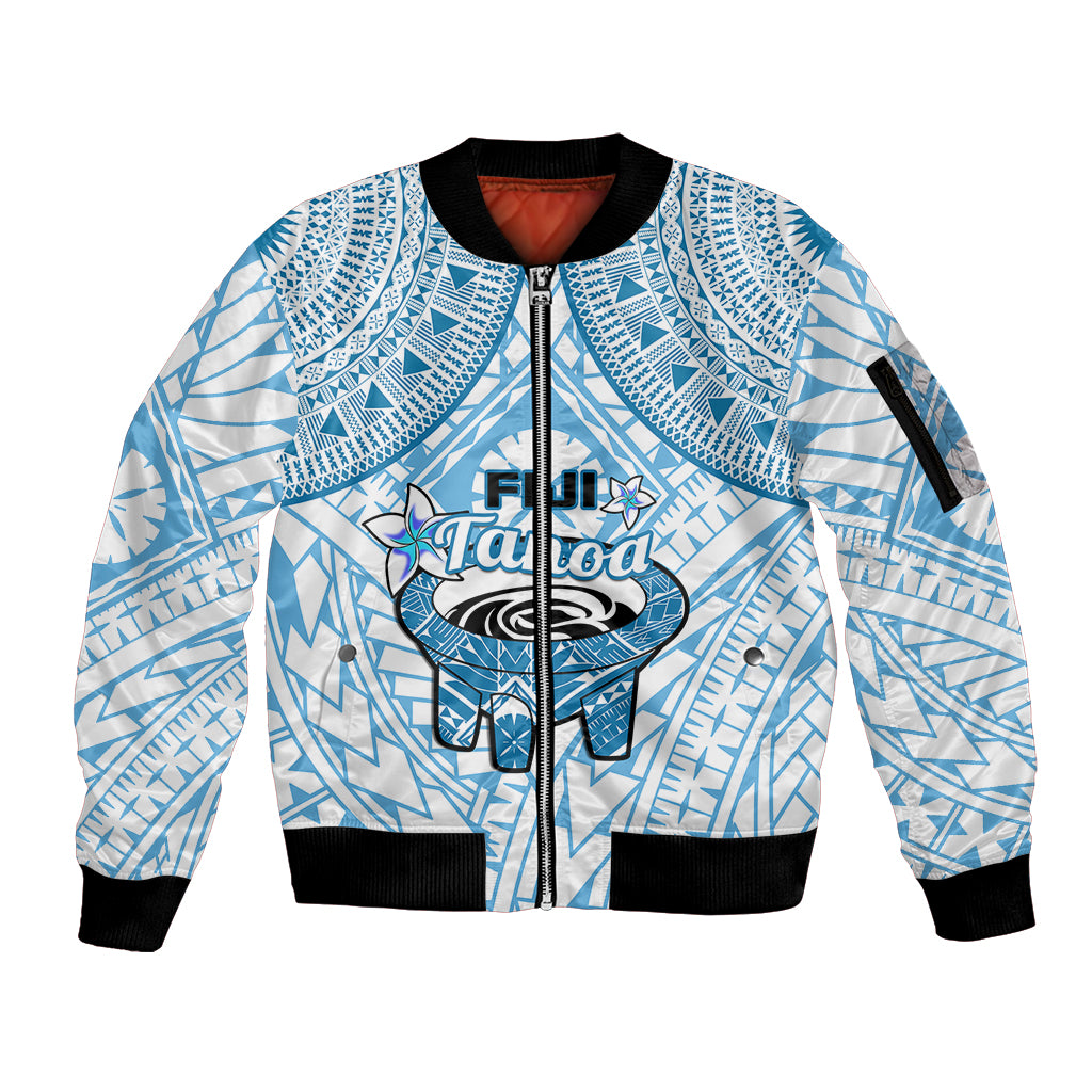 Fiji Tanoa Sleeve Zip Bomber Jacket Kava Bowl Fijian Tapa Blue Pattern - Wonder Print Shop