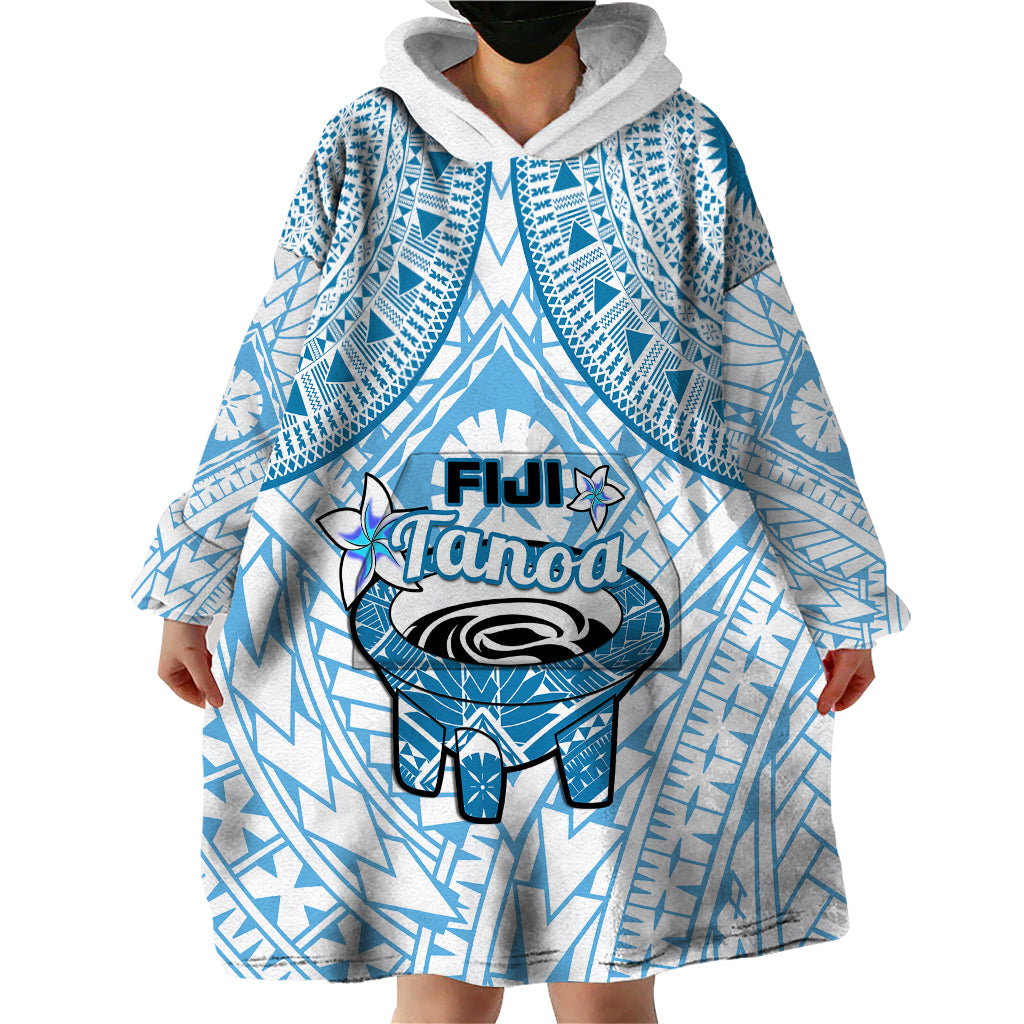 Fiji Tanoa Wearable Blanket Hoodie Kava Bowl Fijian Tapa Blue Pattern - Wonder Print Shop
