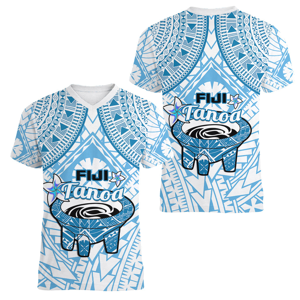 Fiji Tanoa Women V Neck T Shirt Kava Bowl Fijian Tapa Blue Pattern - Wonder Print Shop