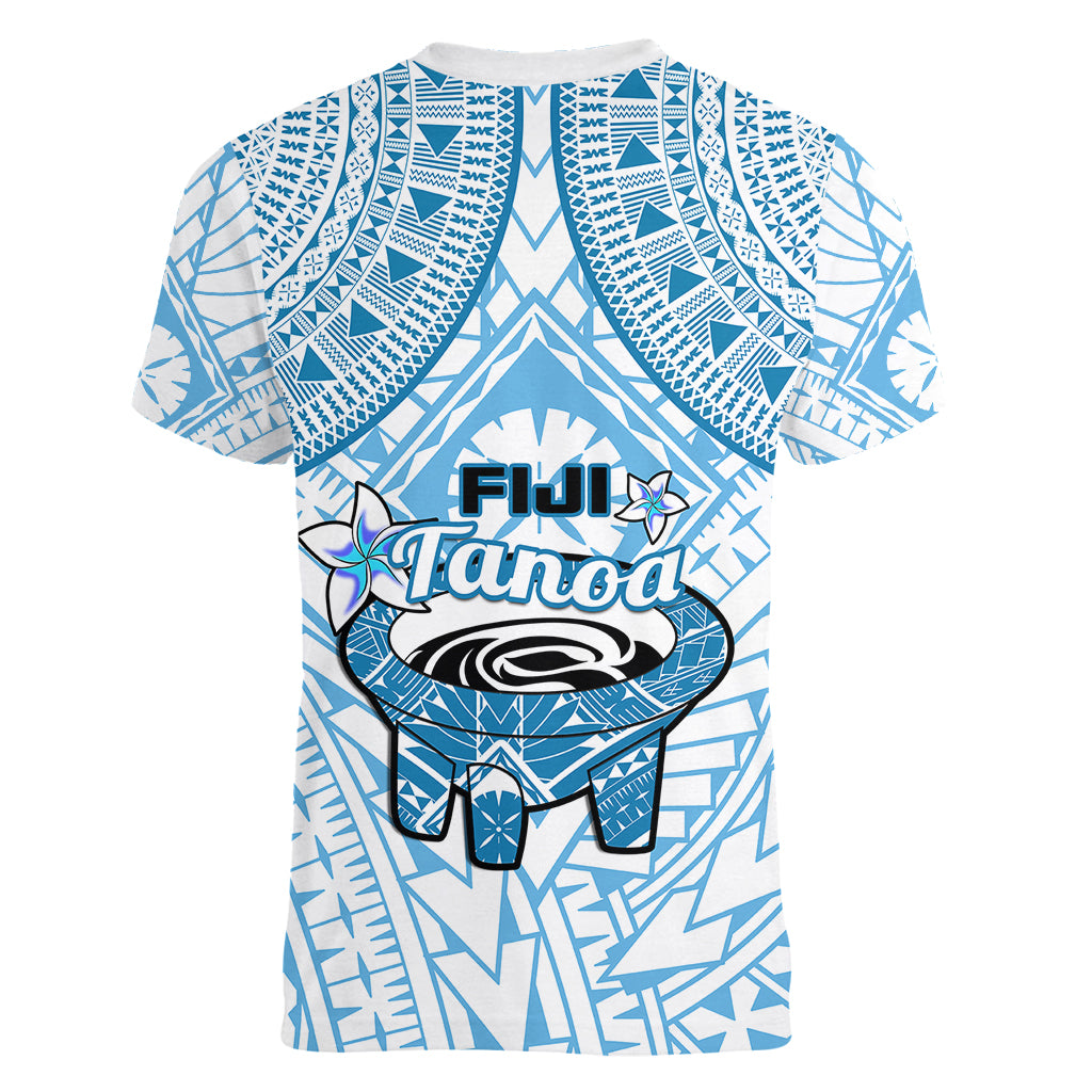 Fiji Tanoa Women V Neck T Shirt Kava Bowl Fijian Tapa Blue Pattern - Wonder Print Shop